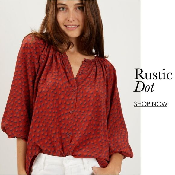 Tucker Classic Blouse Rustic Dot in Crepe de Chine Silk Top Smocked Collar - Picture 1 of 11